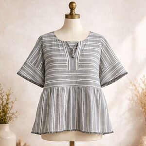 Caslon Top Size 2x Linen Cotton Blend Striped Fringe Trim V-Neck V-Neck Coastal